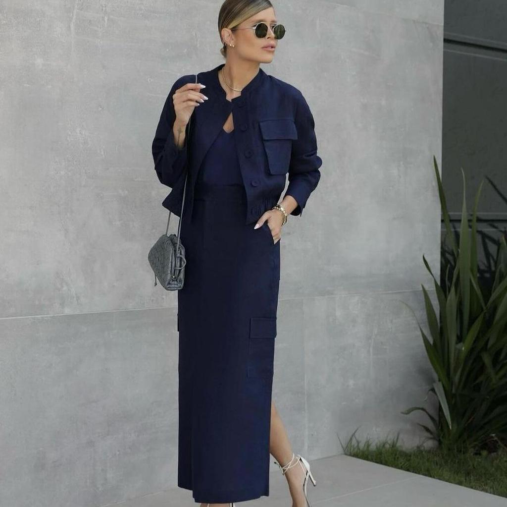2024 Осень Европейский и американский однотонный приталенный короткий жакет и повседневное длинное платье комплект из двух предметов для женщин