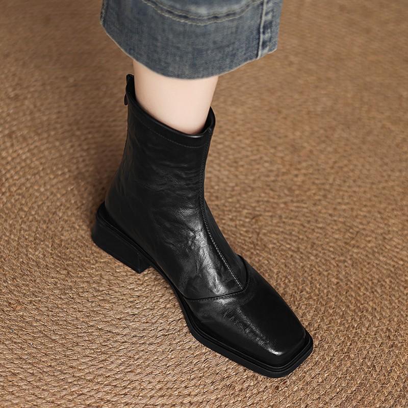 Sheepskin version French retro square head short boots thick heel thin boots women's new rear zipper middle heel Martin boots