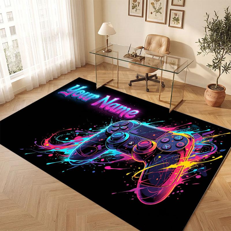 Game Controller Theme Crystal Velvet Floor Rug Personalized Custom Name Text Warm Carpet Home Decoration