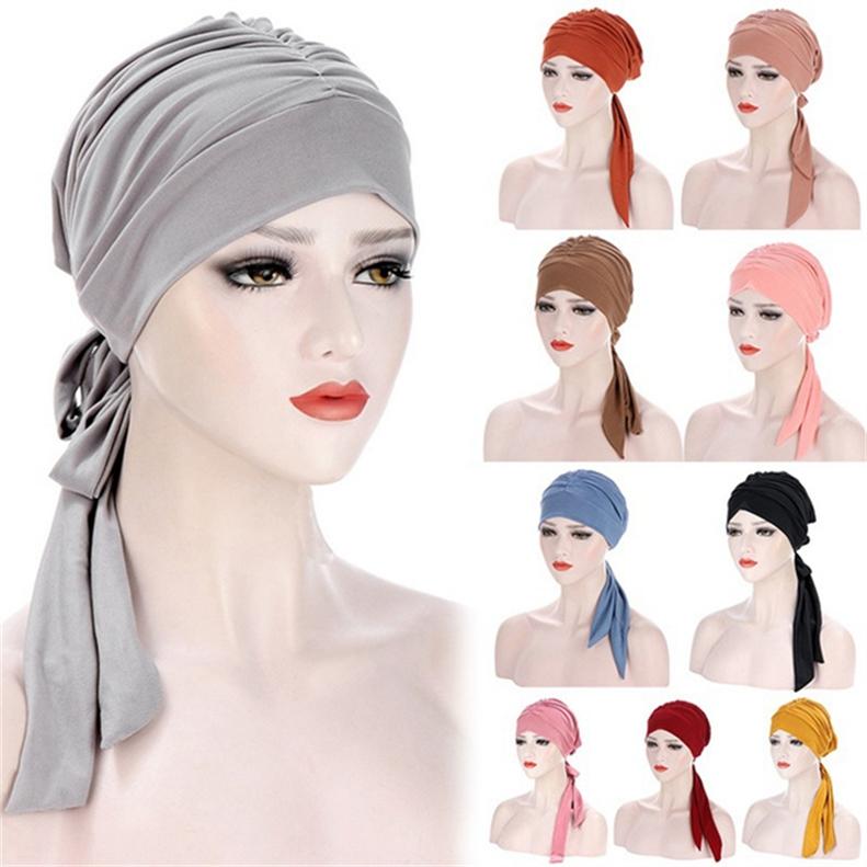Hemp Long Tail Bow Turban Cap Women Multi-color Chemotherapy Cap