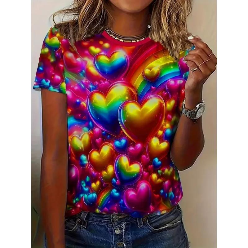 Fashion Women's Clothing Love Short Sleeve Crew Neck Short Sleeve Crew Neck T-Shirt 3D Love Rose Color Printing Rose Short Sleeve Tops Daily Wear