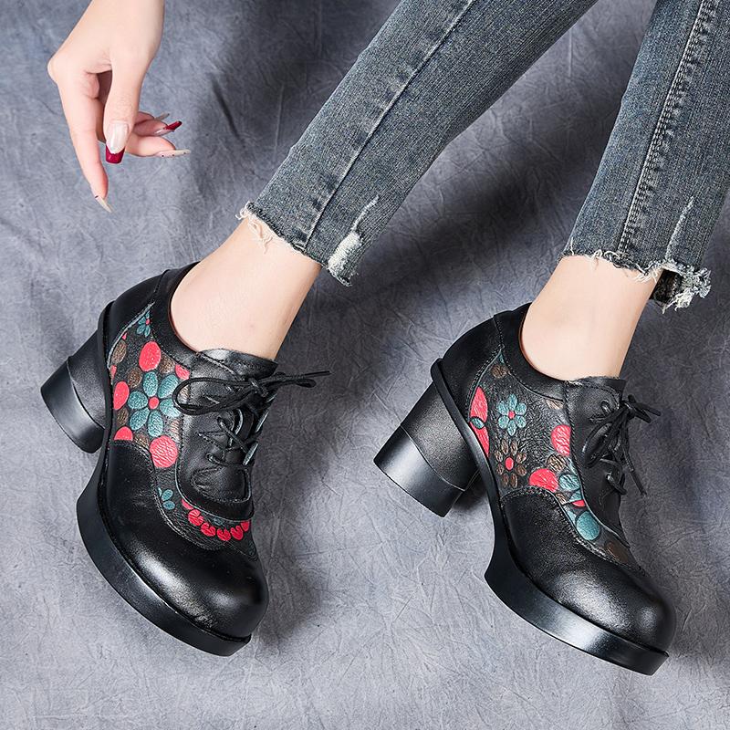 Fashion GKTINOO 2025 Autumn Winter New Retro Printed High Heels Genuine Leather Pumps Mixed Colors Flower Lace-up Women's Shoes