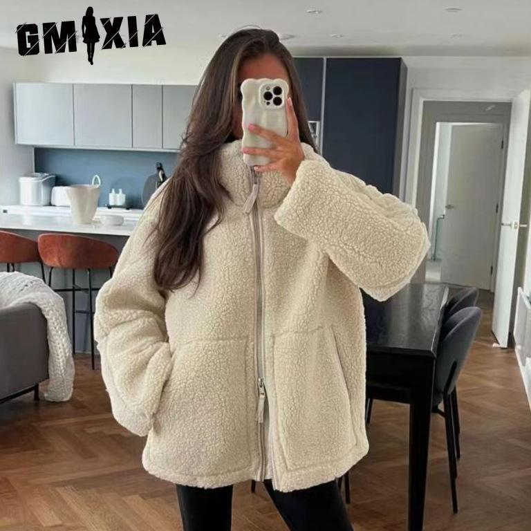 GMXIA Женские винтажные повседневные однотонные осенне-зимние однотонные куртки и пальто с воротником на молнии с длинными рукавами