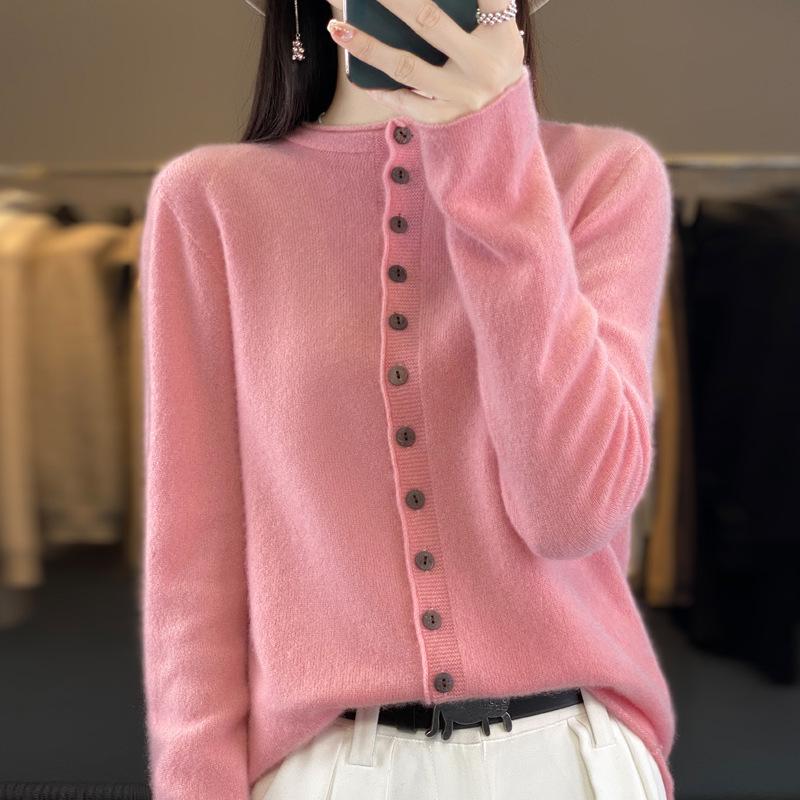 Autumn & Winter Women's Wool Cardigan: Half-High Round Neck, Fashionable Multi-Button, Loose-Fit Knit Base Layer
