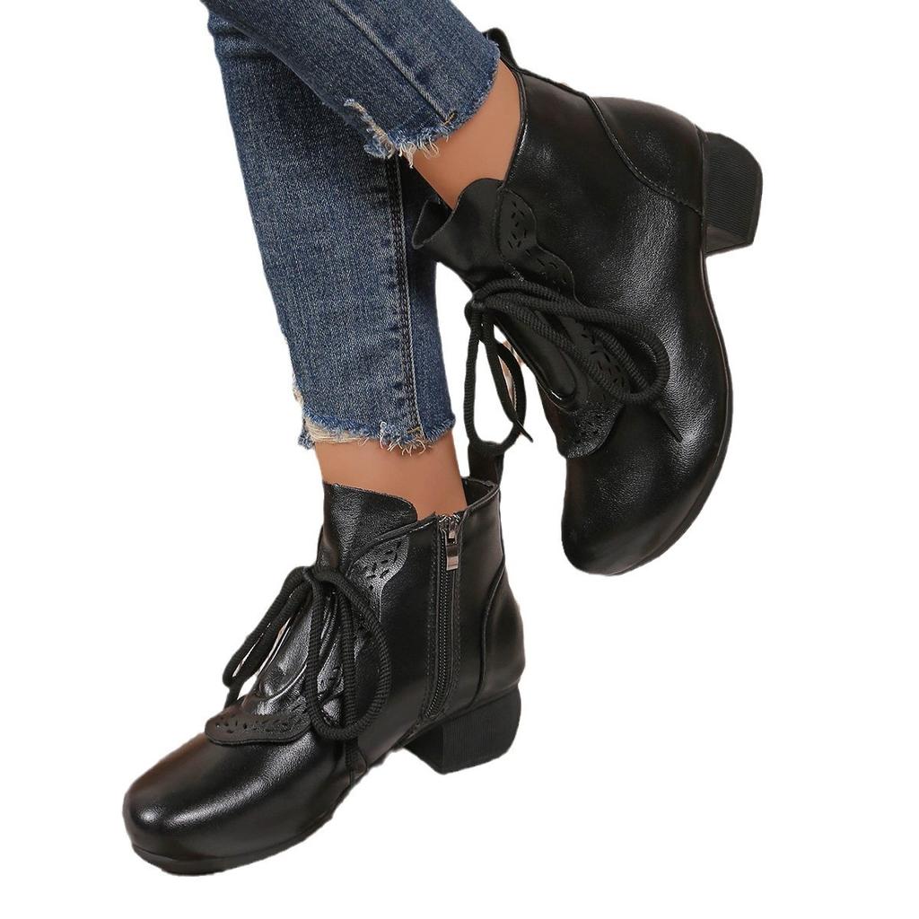 Round Toe Thick Heel Martin Boots for Women's Autumn and Winter New Casual Lace Up Short Boots