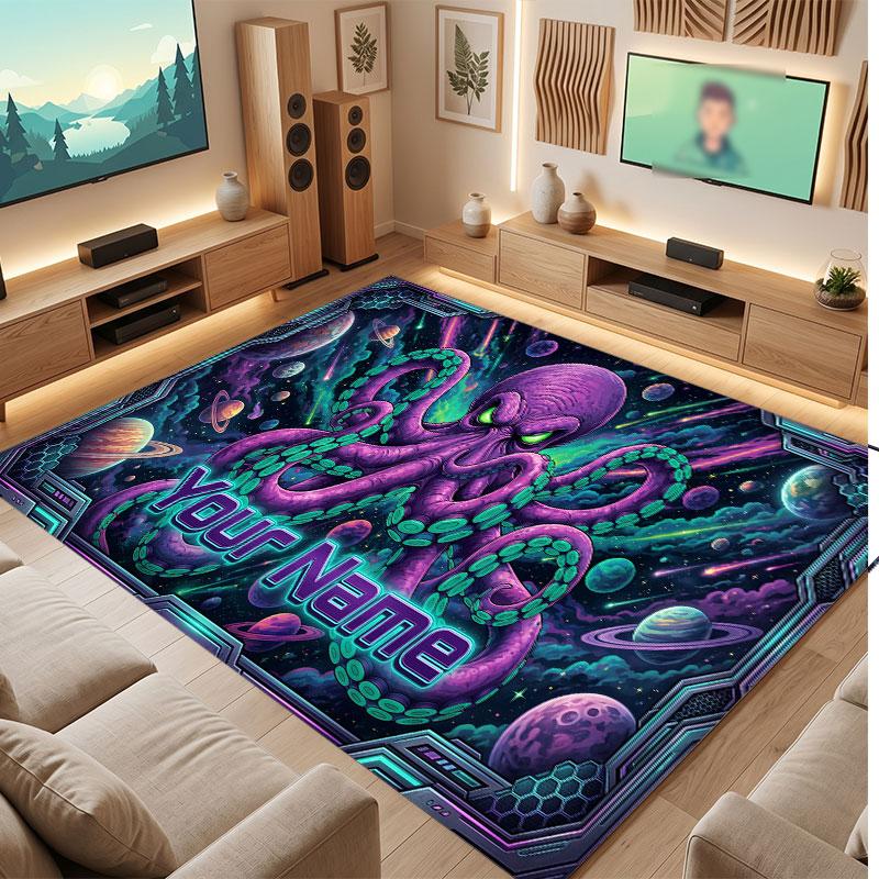 Octopus Sea Life Theme Crystal Velvet Floor Rug Personalized Custom Name Text Warm Carpet Home Decoration