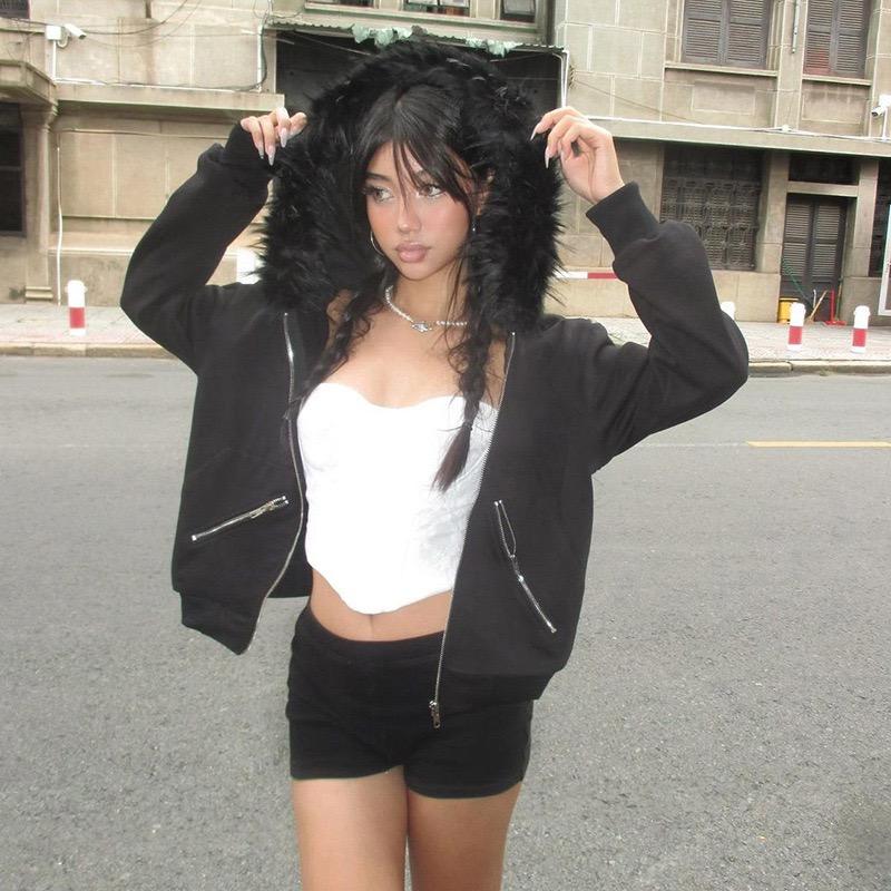 2KWEIRD Харадзюку Y2k Миллениал Хотти Американский Ретро Худи на Молнии с Меховым Воротником Женская Осенне-зимняя Хип-хоп Куртка на Молнии