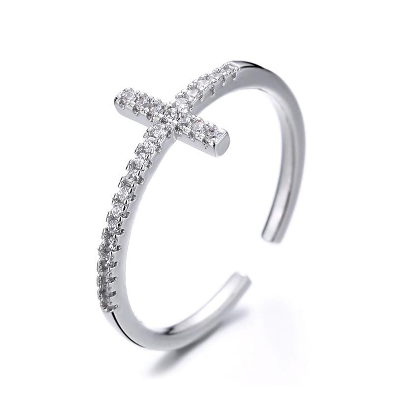 Korean Zircon Ring Personality Cross Open Adjustable Finger Rings for Women Silver Jewelry Accessories Party Gift