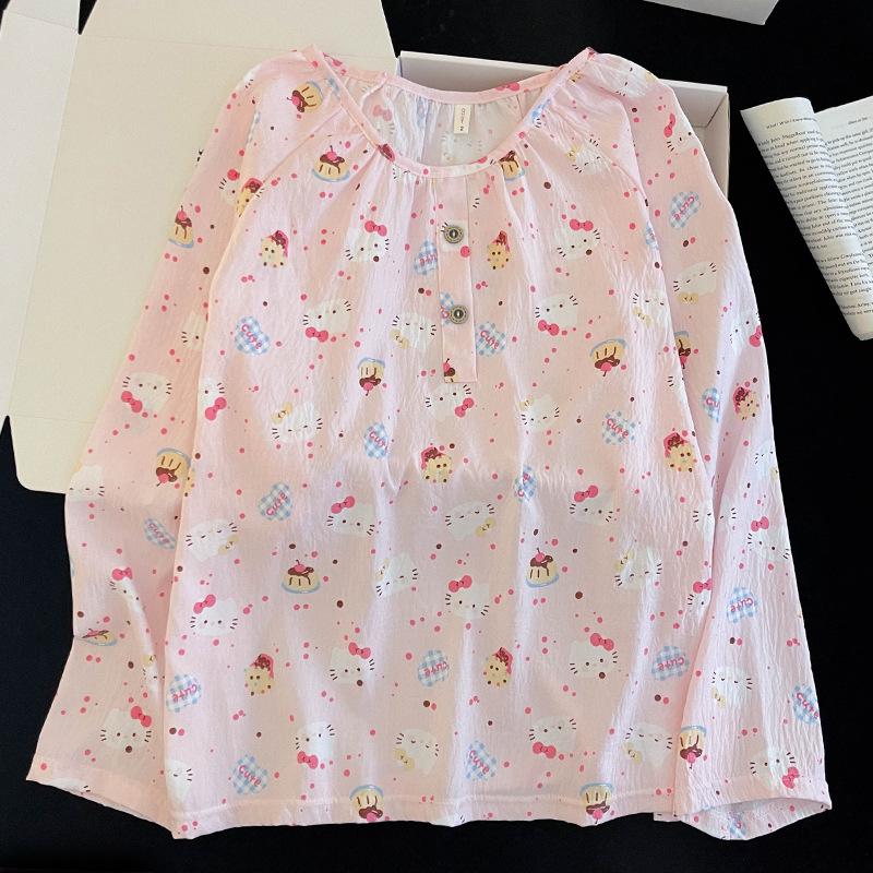 Женский набор пижамы с мультяшным принтом из облачного хлопка – с длинным рукавом, круглым вырезом, больших размеров, для ношения на улице