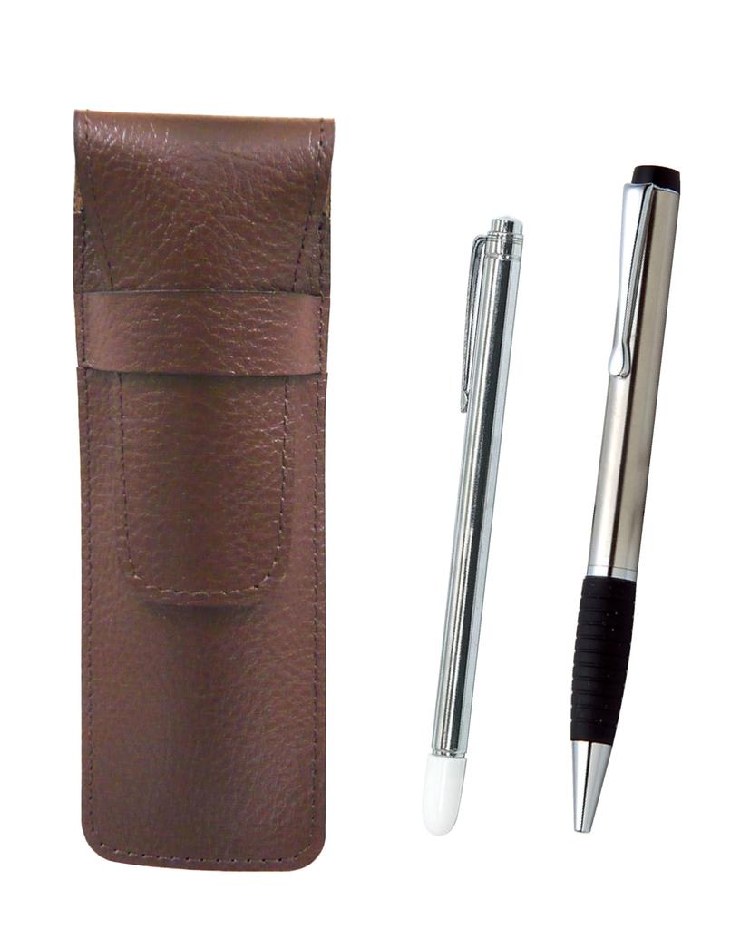 Grained Chocolate Color Cowhide Pencil Case Metal Pointing Stick and Metallic Rubber Rotating Ballpoint Pen Set 2-Pack SASTYO-701S-LUT102SB-2