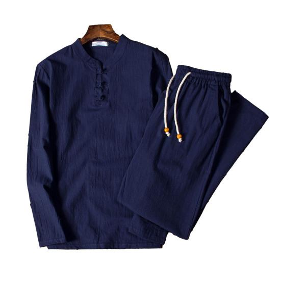 2 шт./компл., мужской топ, брюки, костюм с воротником-стойкой, длинным рукавом, эластичной резинкой на талии, шнурок из бисера, широкие карманы, сплошной цвет, мужская осенне-весенняя рубашка, комплект брюк