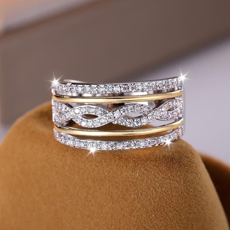 Роскошные многослойные широкие кольца золотого и серебряного цвета для женщин, блестящее белое циркониевое обручальное кольцо, свадебное ювелирное украшение, подарок