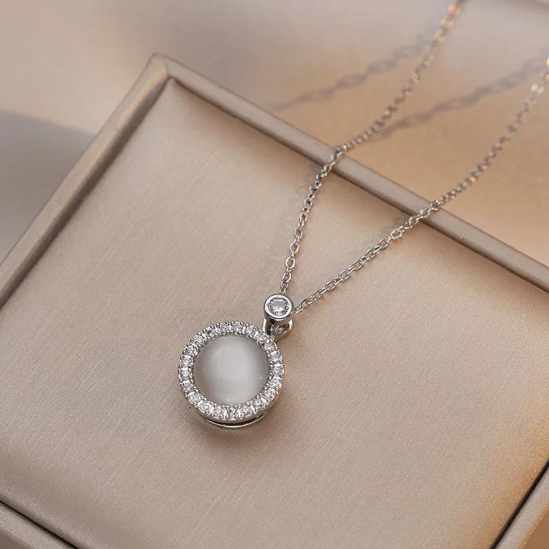 Luxury Rotatable Circle Opal Crystal Pendant Necklace for Women Charm Gold Color Stainless Steel Collar Chain Ring Jewelry Set