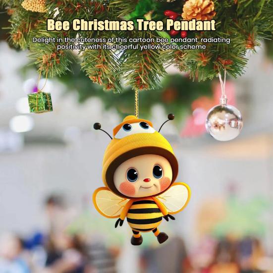 Cartoon Bee Pendant Double-Sided Print Acrylic Craft Handmade Cute Yellow Bee Christmas Tree Ornament for Home Office Car Wall Decoration