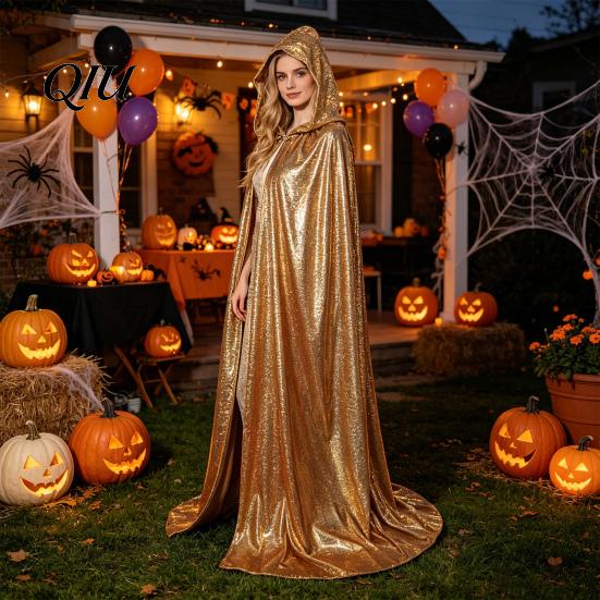 Hooded Cloak for Cosplay Shiny Cape, Iridescent Full Length Cloak, Sparkly Unisex Mysterious Cape Halloween Masquerade Party Mardi Gras Costume