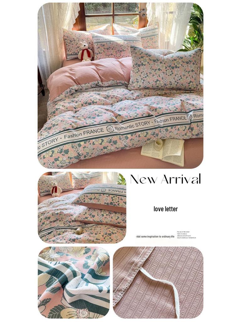 Комплект из четырех предметов из бамбукового хлопка класса А, двухслойной мягкой цветочной марли для мам и малышей - Включает комплект из трех предметов для студенческого общежития