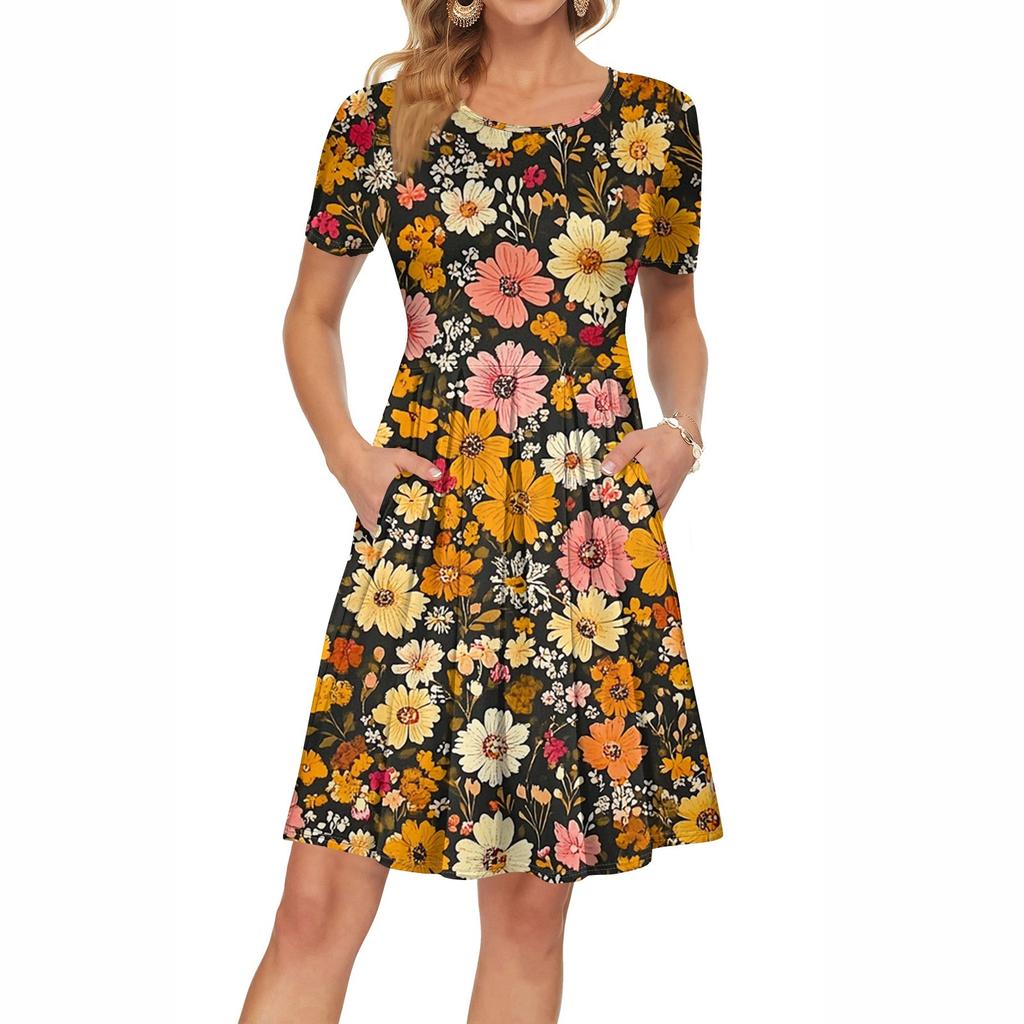 Женское платье с коротким рукавом, плиссированное, свободное, повседневное платье с карманами, платья длиной до колена