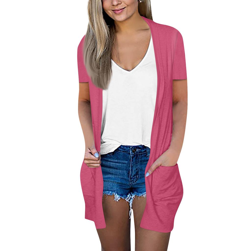 Women's Fashion Loose Casual Pocket Solid Color Cardigan Short Sleeve Jacket Top