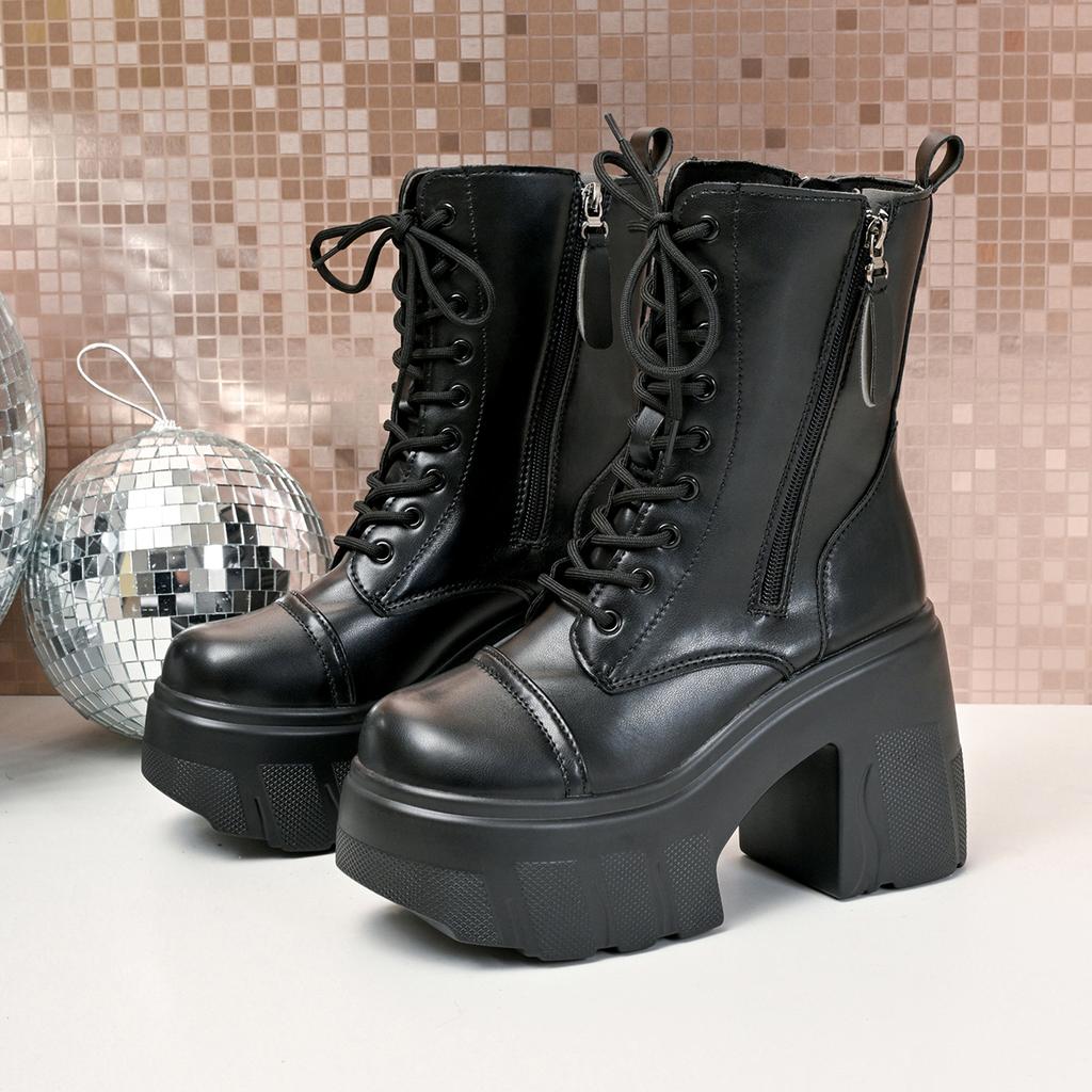 Женские ботинки в британском стиле с толстой подошвой, на шнуровке, ботильоны на платформе, женские кожаные из ПУ, на массивном каблуке, зимние, панк, готические туфли