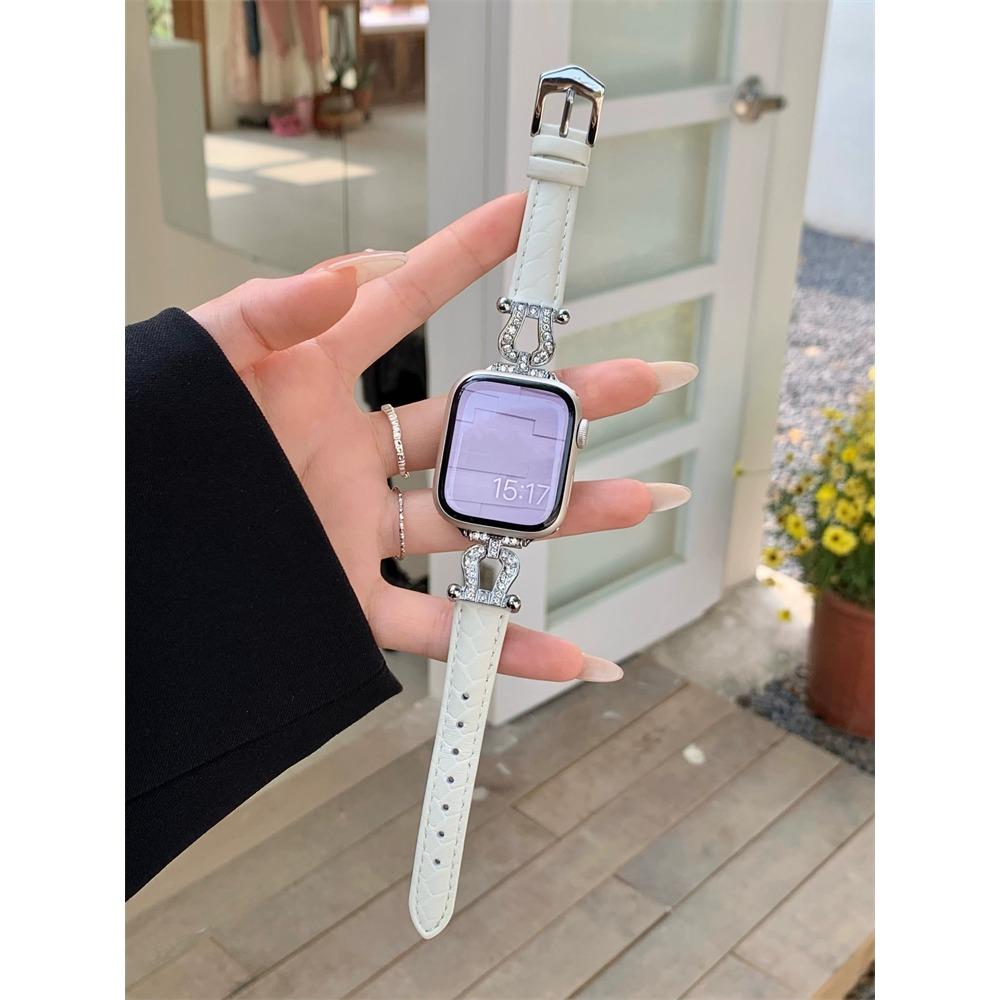 Роскошный кожаный ремешок для iWatch Serise Ultra 8 7 SE 6 5 4 3, тонкий ремешок с бриллиантами для Apple Watch 41 мм, 38 мм, 40 мм, 42 мм, 44 мм, 45 мм, 49 мм