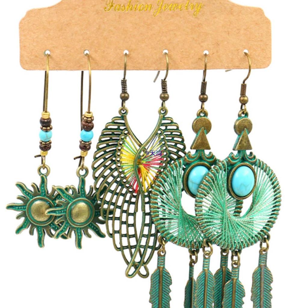 Bohemian Ethnic Retro Earring Set: 3-Piece Hanfu & Nepal Style for Women
