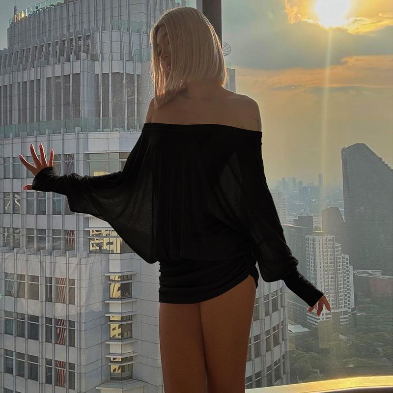 Women's Street Style Solid Color Off Shoulder Batwing Long Sleeve Comfy Loose Fit Ruched Bodycon Mini Dress