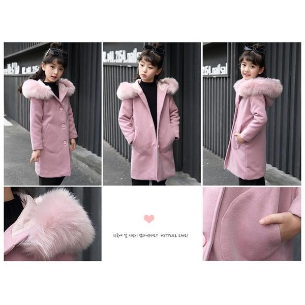 Осенне-зимнее модное утепленное шерстяное пальто с большим меховым воротником для девочек, длинная куртка, топы, розовое шерстяное пальто, детская одежда