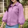 Women Casual Turn Down Collar Solid Color Loose 3/4 Sleeve Blouse