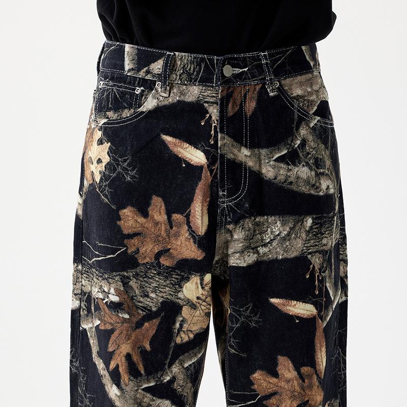 Bajia popular loose straight wide-leg denim print graffiti black branches fallen leaves fashion street jeans men