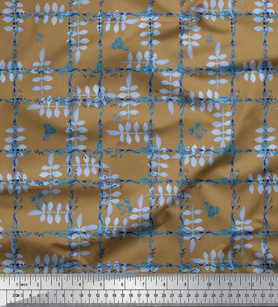Soimoi Black Japan Crepe Satin Fabric Leaves & Floral Check Print Fabric by the metre 42 Inch