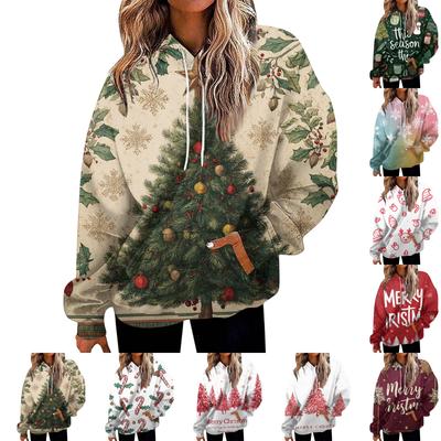 Женская модная толстовка с рождественским принтом, повседневная толстовка с капюшоном и карманами