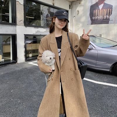 Щедрые лацканы, свободный матовый ретро двубортный фактурный универсальный тонкий льняной костюм длинное пальто для женщин