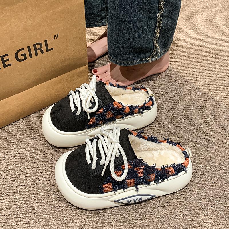 Мода 2024 года, новые осенне-зимние женские повседневные плюшевые сетчатые тапочки со шнуровкой, декоративные хлопковые тапочки для женщин