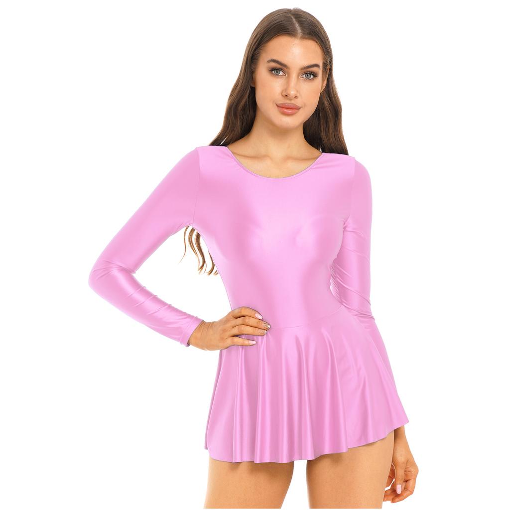 Woman Dance Gymnastics Skirted Leotard Dress Long Sleeve Sports Dance Party Mini Dress Swim Dresses