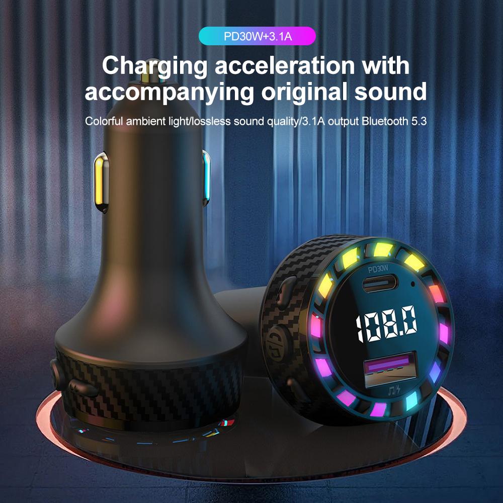 Car Charger USB Port Fast Charging Adapter with LED Light Voltage Monitor FM Bluetooth Transmitter for IPhone Samsung OPPO