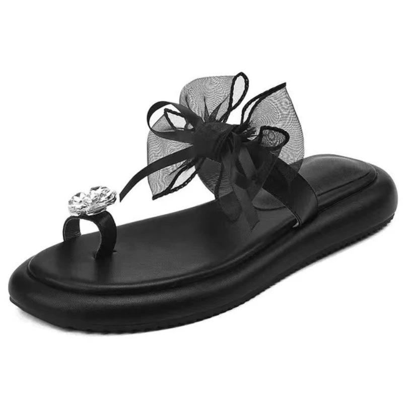 Модные женские/девчачьи тапочки SyfIyno с кружевным бантом, сандалии на платформе с кристаллами и цветком, женские черно-белые узкие шлепанцы, шлепанцы