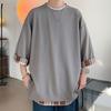 Летняя мужская футболка с круглым вырезом, свободная, искусственная, из двух частей, средней длины, сплошной цвет, плюс размер, рукава три четверти, уличная одежда, топ на открытом воздухе