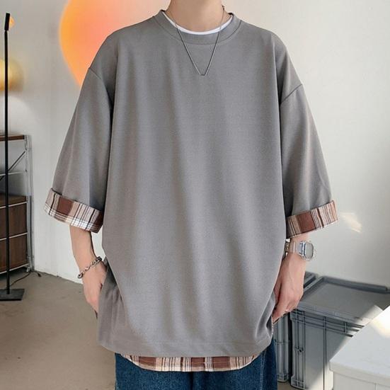 Летняя мужская футболка с круглым вырезом, свободная, искусственная, из двух частей, средней длины, сплошной цвет, плюс размер, рукава три четверти, уличная одежда, топ на открытом воздухе