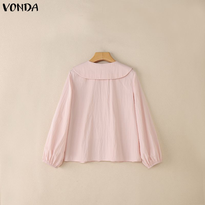 VONDA Женская повседневная блузка с кукольным воротником, свободного кроя, с длинным рукавом, на пуговицах, с оборками
