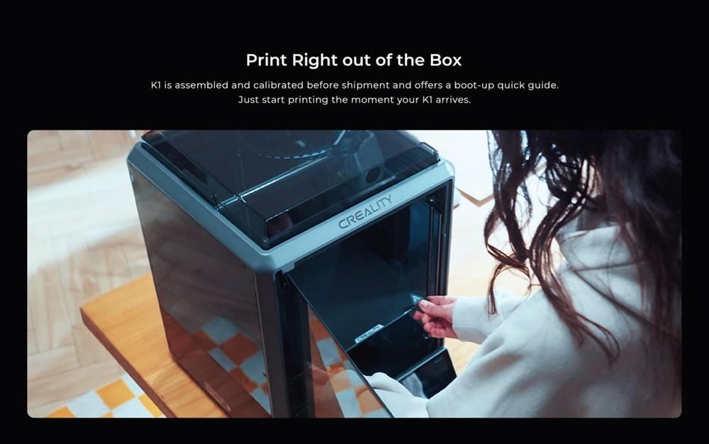 3D-принтер Creality K1, автоматическое выравнивание, максимальный расход 32 мм³/с, максимальная скорость 600 мм/с, ускорение 20000 мм/с², цельная рама