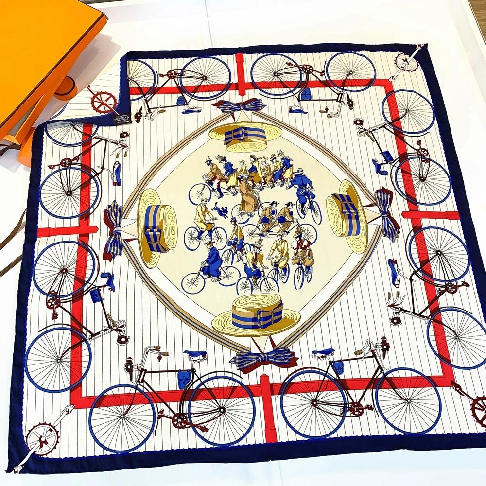 990CM Hand-Rolled Edge Bike And Hat Printed Square Scarf Sun Protection Twill Silk Shawl Women Luxury Handmade Curled Headscarf