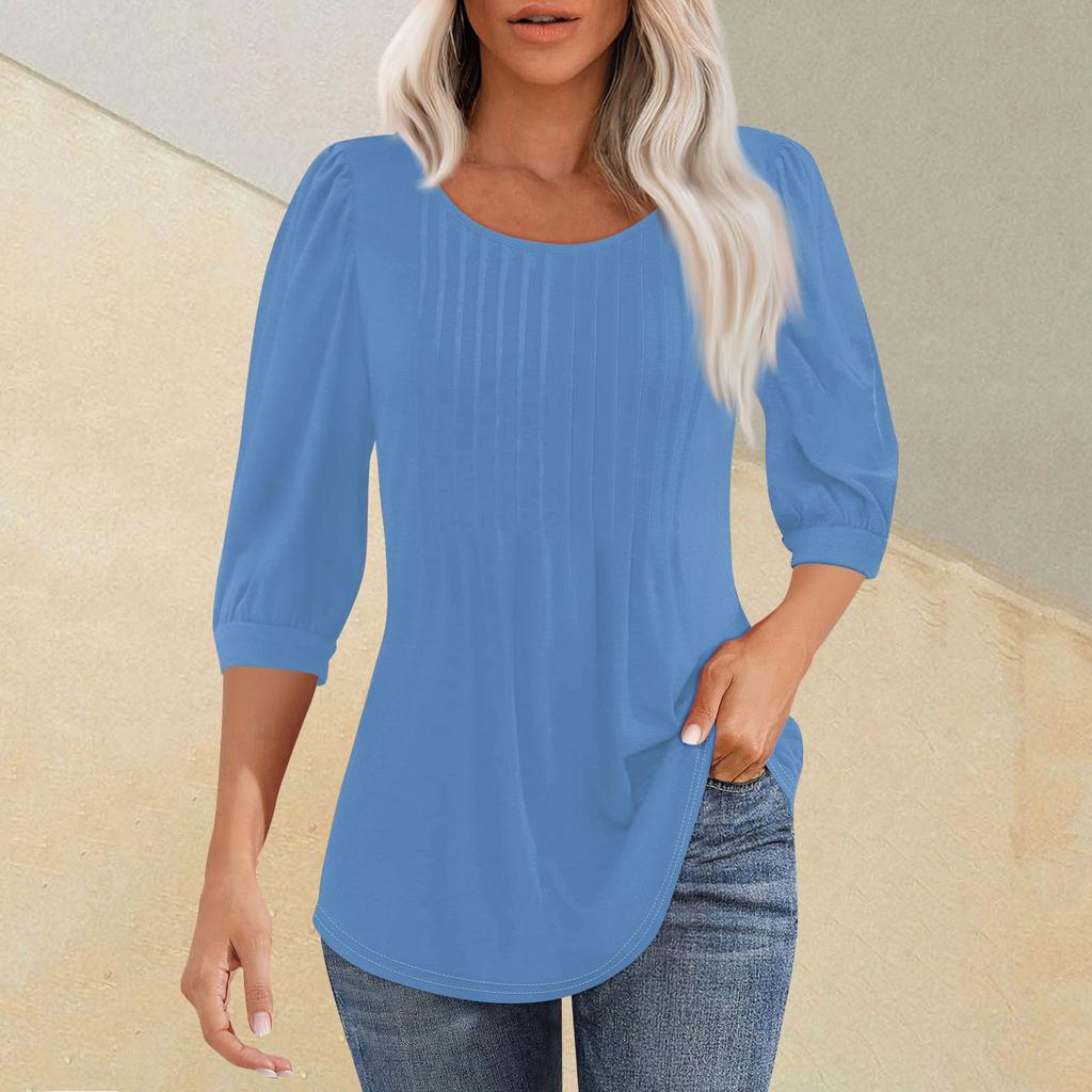 Женская мода плиссированная футболка с круглым вырезом и семью рукавами, повседневный однотонный топ