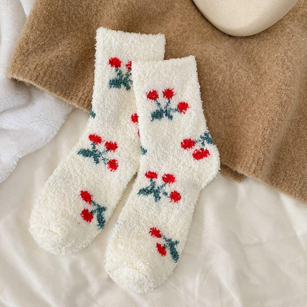 Flower Strawberry Coral Fleece Socks Winter Warm Socks Women Soft Floor Plush Socks Autumn