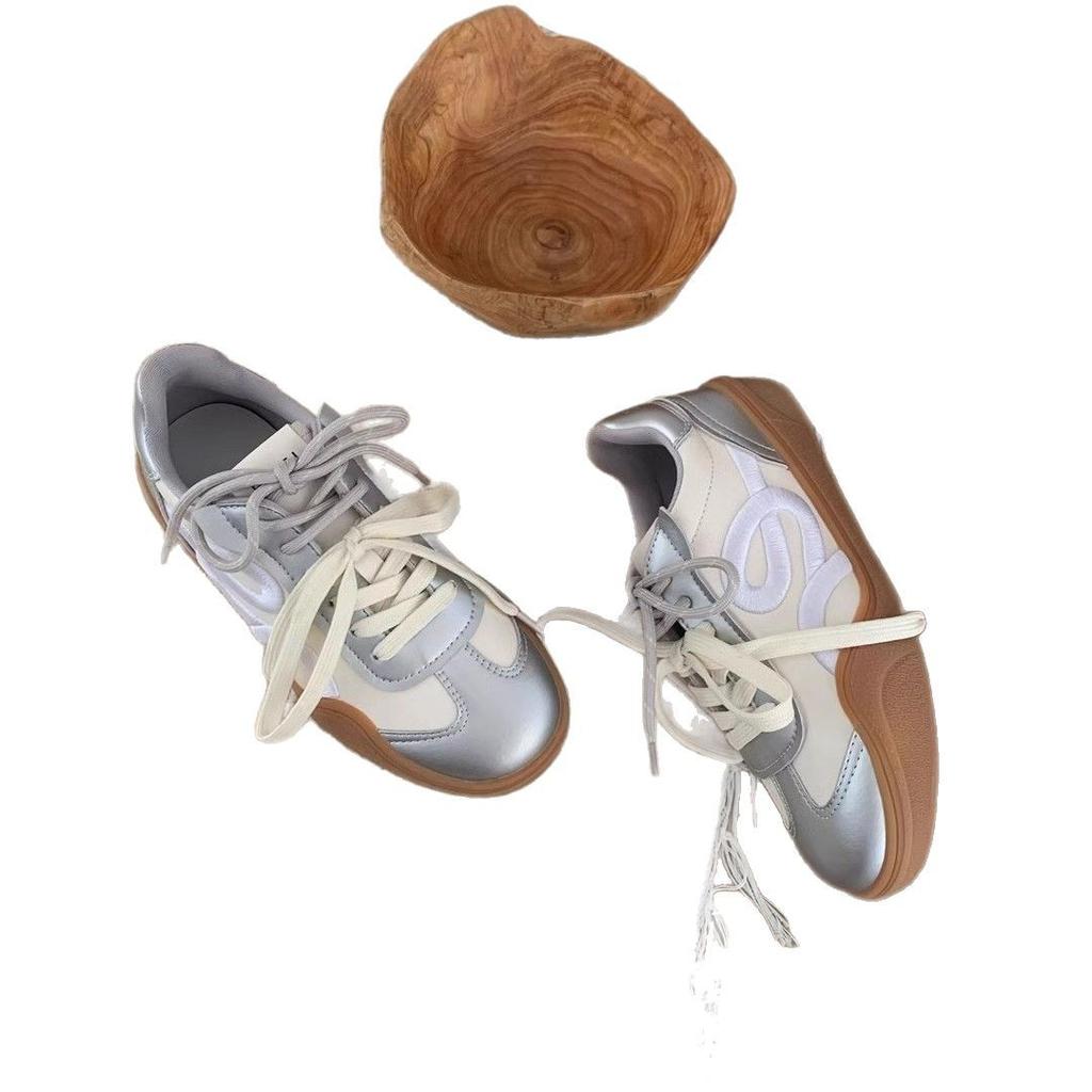 Корейские ретро-кеды на платформе из серебра, немецкие кроссовки, женская весна 2025, новые нишевые вышитые повседневные туфли Forrest Gump, кроссовки