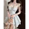 Summer First Love Sweet Wind Small Flying Sleeves Lace Splicing Floral Waist Dress Waist Princess Puffy Short Skirt