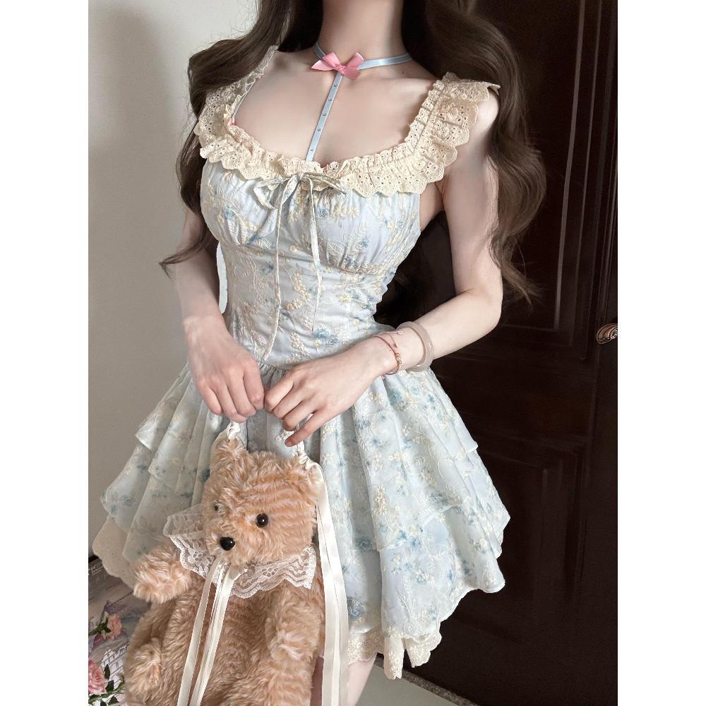 Summer First Love Sweet Wind Small Flying Sleeves Lace Splicing Floral Waist Dress Waist Princess Puffy Short Skirt