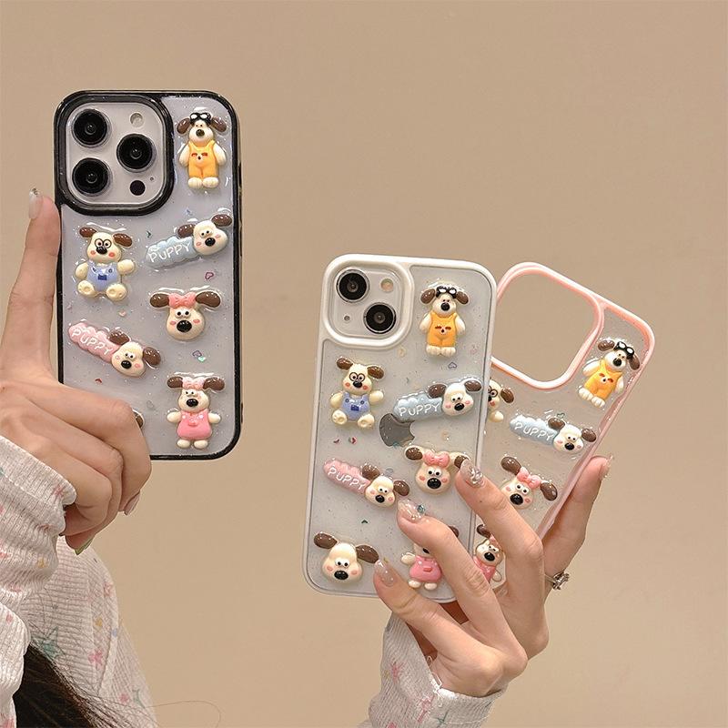 Cartoon Puppy Phone Case for IPhone16Promax Transparent Glue for Apple 15 Sequin 17 Female Model Ins
