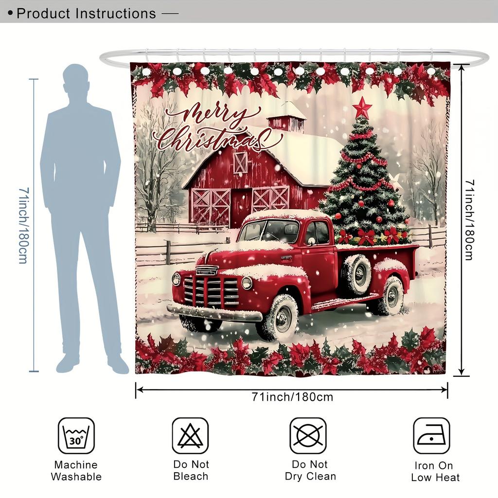 4pcs Vintage Red Truck Christmas Pattern Waterproof Shower Curtain With 12 Hooks Non-Slip Bathroom Rug Toilet U-Shape Mat Toilet Lid Cover Pad