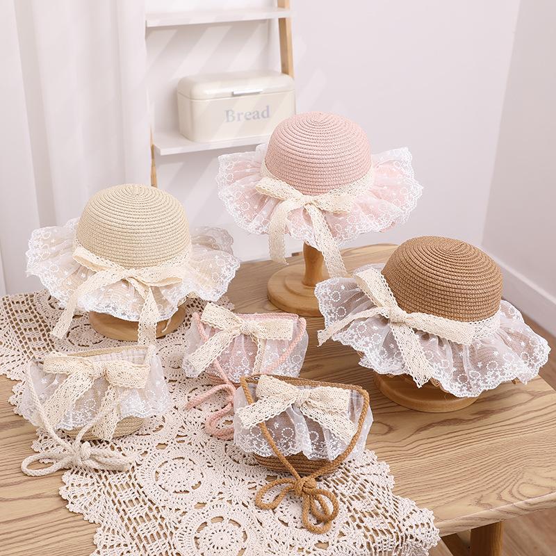 New children's straw hat, girls' summer eaves lace edge straw, breathable streamer bow sunscreen visor