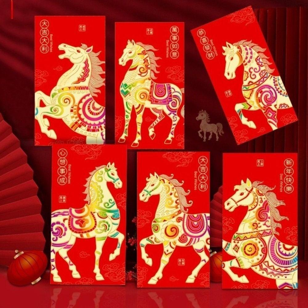 6pcs Blessing Horse Year Money Envelope Paper Money Packets Red Packet Gift Bags Marriage Event